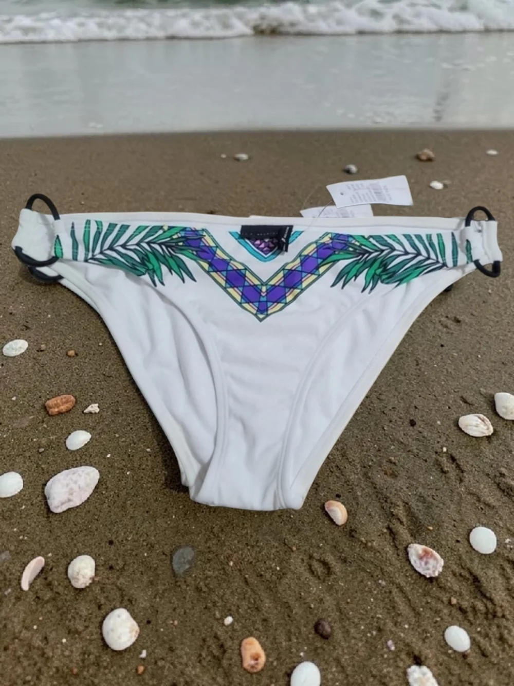 LA Hearts - XL White Bikini Bottom with Green Leaf & Purple Accent